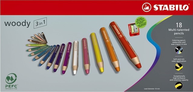 Étui de 10 crayons de couleur STABILO woody 3in1 + 1 taille-crayons